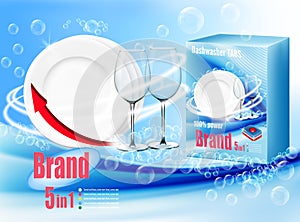 Stack of clean plates and two glasses  in soap foam