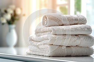 Stack of clean towels on table in bathroom. Bathroom interior design. Generative AI.