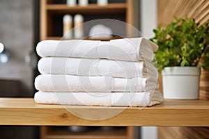 stack of clean towels on a wooden bathroom shelf