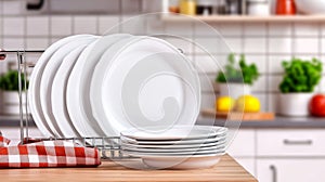 Clean White Dinner Plates in Kitchen Stack of clean white dinner plates and bowls in a modern kitchen setting Ready for a meal