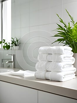 A stack of clean white towels in the hotel toilet