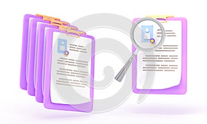 Stack clipboards, white paper sheet with magnifying glass, profile picture, medal. Document with personal information