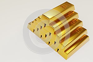 Stack close-up Gold Bars, weight of Gold Bars Concept of wealth and reserve. Concept of success in business and finance, White