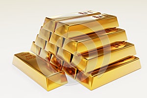 Stack close-up Gold Bars, weight of Gold Bars Concept of wealth and reserve. Concept of success in business and finance, White