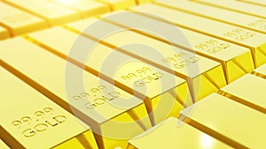 Stack close-up of pure gold bars arranged in abundance, 3D render. gold invest trading concept.