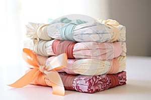 a stack of cloth baby diapers rolled and tied with ribbons