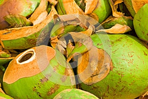 A stack of coco nuts