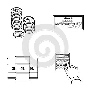 A stack of coins, a bank check, a calculator, black gold. Money and finance set collection icons in outline style vector