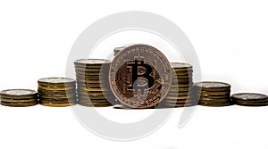 Stack of coins and a bitcoin. Crypto currency investment concept