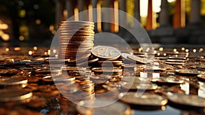 Stack of coins on blurred background, closeup. Money savings concept