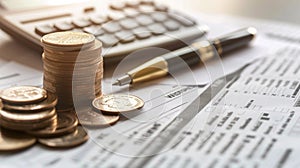 A stack of coins with a calculator and a pen lying on top p on a blank tax form. The image represents the financial