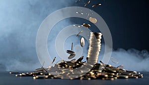 Stack of Coins Collapsing Like a Tower. Economy Concept. Generated Image