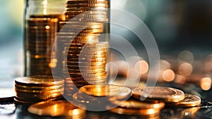 Stack of coins Concept of saving money, gold coins, saving more money by Generative AI