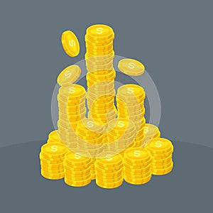 Stack of coins with dollar symbol, treasure, earning from stock market, fortune, earning, gold