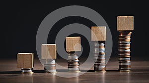 Stack of coins and empty wooden cubes on the table. Business. Finance
