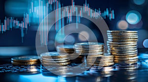 Stack of coins with financial data charts in the background photo