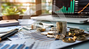 Stack of coins on financial documents with graphs and charts photo
