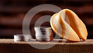 Stack of coins and a fortune cookie, symbolizing wealth, luck, and prosperity