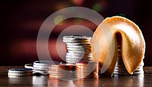 Stack of coins and a fortune cookie, symbolizing wealth, luck, and prosperity