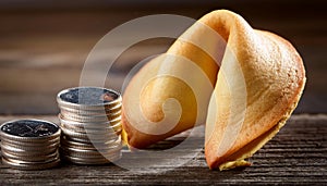 Stack of coins and a fortune cookie, symbolizing wealth, luck, and prosperity