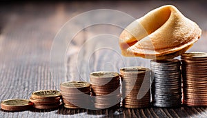Stack of coins and a fortune cookie, symbolizing wealth, luck, and prosperity