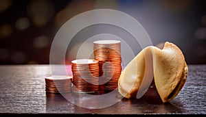 Stack of coins and a fortune cookie, symbolizing wealth, luck, and prosperity