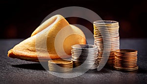 Stack of coins and a fortune cookie, symbolizing wealth, luck, and prosperity
