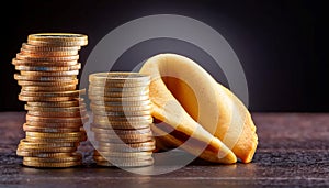Stack of coins and a fortune cookie, symbolizing wealth, luck, and prosperity