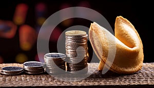 Stack of coins and a fortune cookie, symbolizing wealth, luck, and prosperity