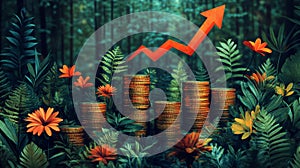 Stack of coins in green foliage with upward arrow, economic growth concept