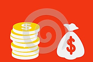 Stack of Coins and money beg with dollar symbols icon