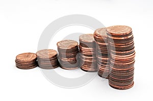 Stack of coins, one penny coins isolated on white