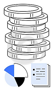 Stack of coins with pie chart and documents representing financial planning and analysis