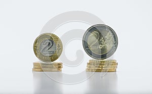 Stack of coins, the Polish currency 2 PLN / Polish zloty and the European currency 2 EURO on white background with clippi