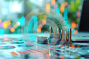 A stack of coins is positioned next to a laptop computer, presenting a symbol of financial investment alongside modern technology