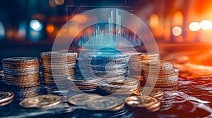Stack of coins representing financial growth, investment and the digital economy. photo