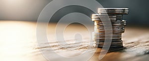 The stack of coins representing financial growth and prosperity on a wooden surface..AI generated image