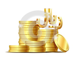 Stack of coins with Shiny golden Islamic Rial Sign currency symbol. photo