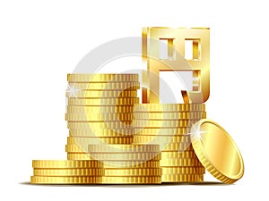 Stack of coins with Shiny golden yen currency symbol