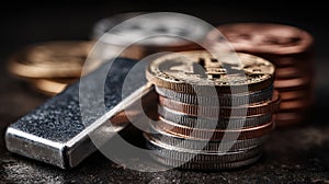 Stack Of Coins And Silver Bar