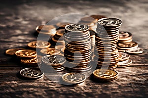Stack of coins on the table front view shot