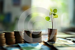 A stack of coins is on a table with a small plant growing out of it