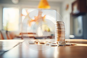 a stack of coins teetering on the edge of a table