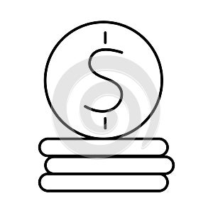 Stack of coins. Coins white with black outline. Dollar sign on the top coin. Black white linear icon illustration.
