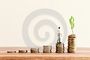 stack of coins with youg growing plant. financial success and managament concept