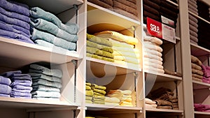 Stack of color towels on display for sale