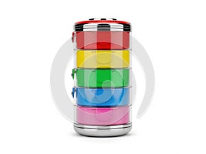 Stack of colored containers isolated on white background