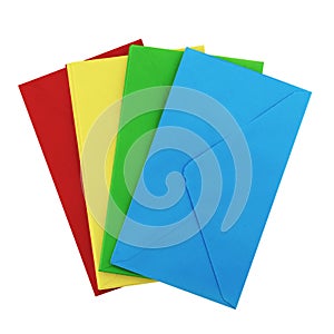Stack of colored envelopes isolated on white. Flat Lay