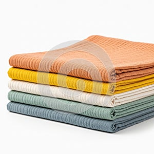 Stack of colored fabrics isolated on white background