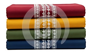 Stack of colored fabrics with patterned border isolated on white background